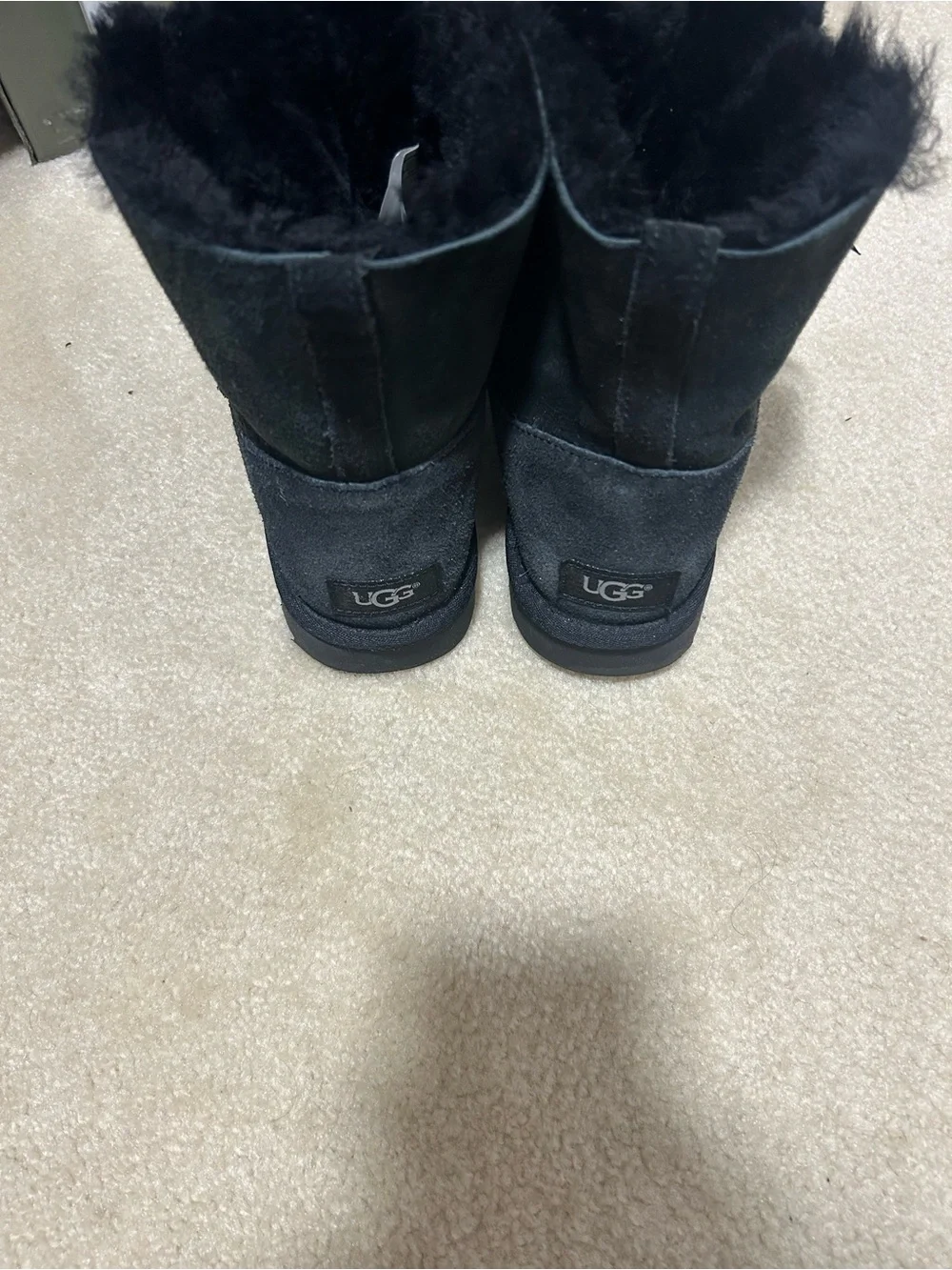 UGG Black Suede Ankle Boots with Faux Fur Cuff & Satin Bow